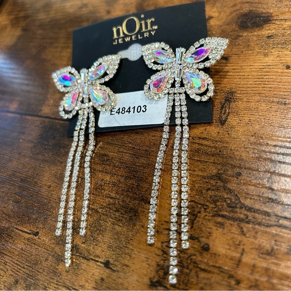 NWT nOir Iridescent Crystal Butterfly Clear Rhinestone Dangle Statement Earrings - Picture 2 of 5